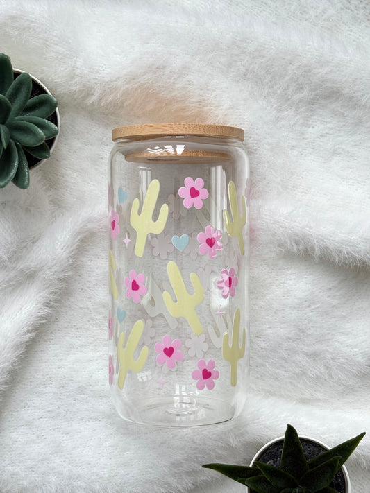 Cactus and flowers glass cup